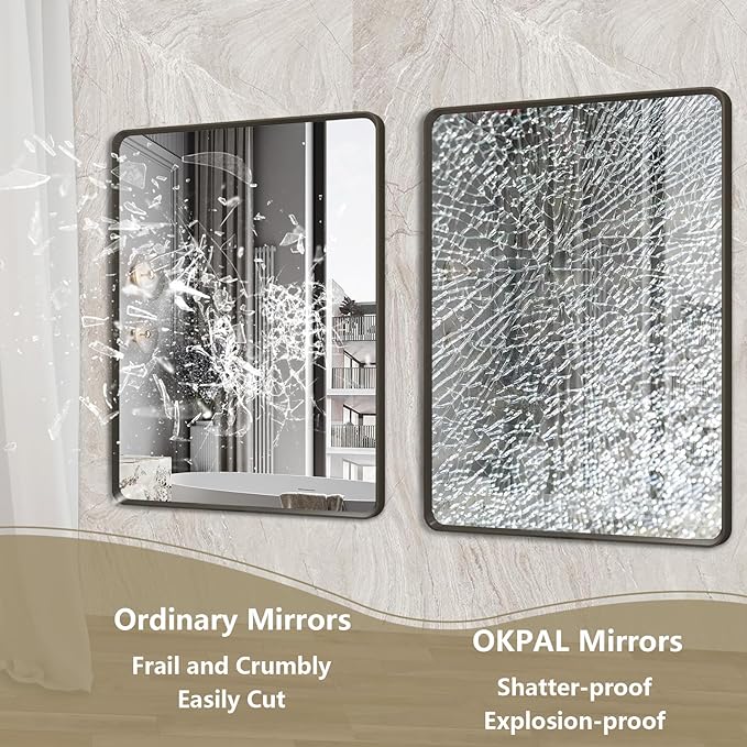 OKPAL 44X32 Inch Matte Black Bathroom Mirror, Black Framed Bathroom Vanity Mirror, Black Rectangle Mirror, Round Corner, Rustproof, Shatter-Proof (Horizontal/Vertical)