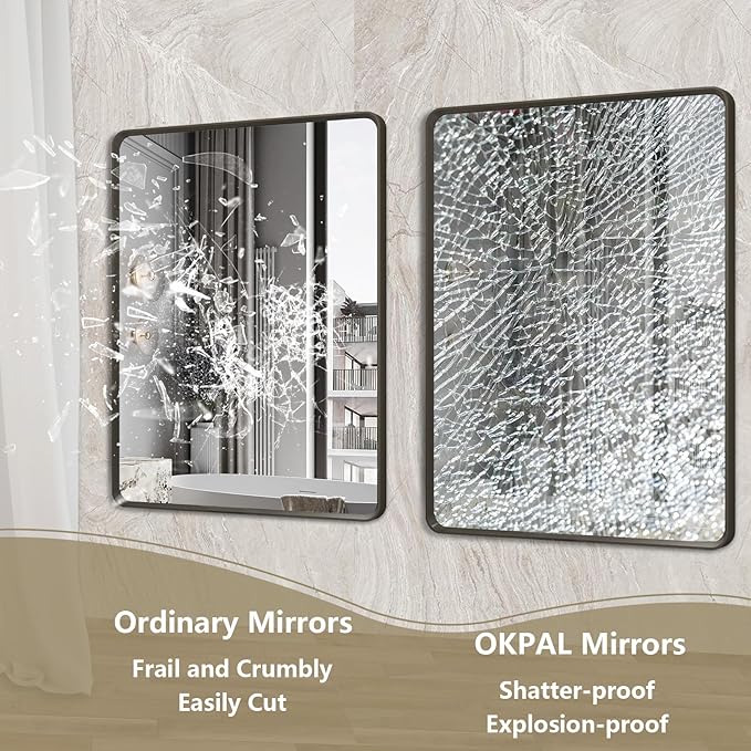 OKPAL 48X36 Inch Black Metal Framed Bathroom Mirror, Matte Black Bathroom Vanity Mirror, Large Black Rounded Rectangle Mirror for Farmhouse, Rustproof, Shatter-Proof (Horizontal/Vertical)