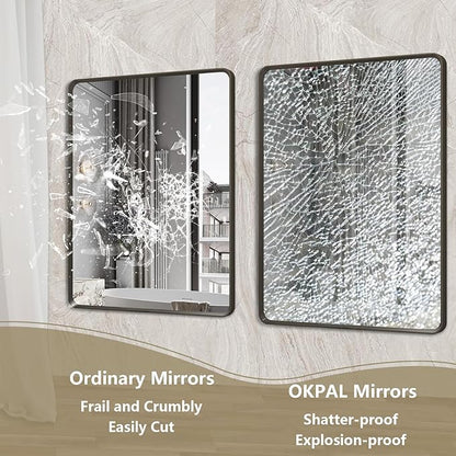 OKPAL 60X36 Inch Black Metal Frame Bathroom Mirror, Large Rounded Rectangle Mirror for Farmhouse, Matte Black Bathroom Vanity Mirror for Wall, Anti-Rust, Shatterproof (Horizontal/Vertical)