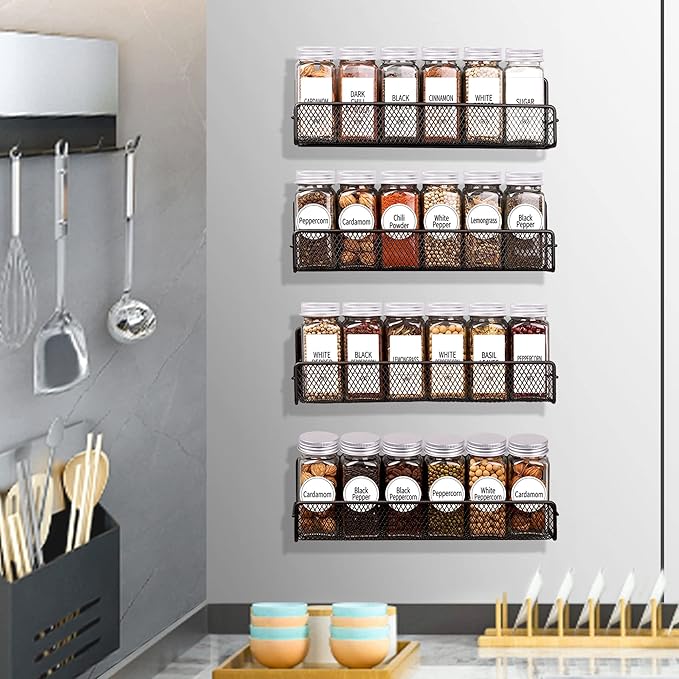 Churboro Magnetic Spice Rack for Refrigerator with Spice Jars- Includes 24 Pcs 4 OZ Seasoning Containers with Labels, 4 Space-Saving Magnetic Shelf for fridge- Perfect for Small Kitchens, Apartments