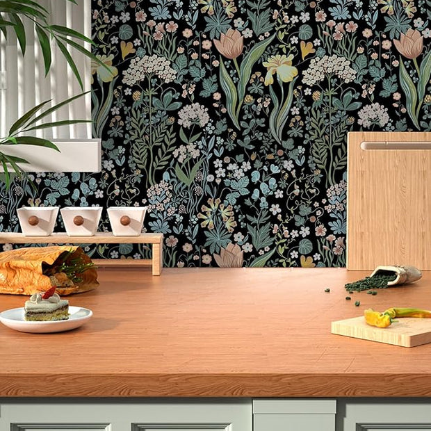 Peel and Stick Wallpaper Vintage Wall Paper Black Floral Contact Paper Removable Wallpaper 17.3"x78.7" Leaf Flower Self Adhesive for Bedroom Drawer Decor Vinyl Rolls