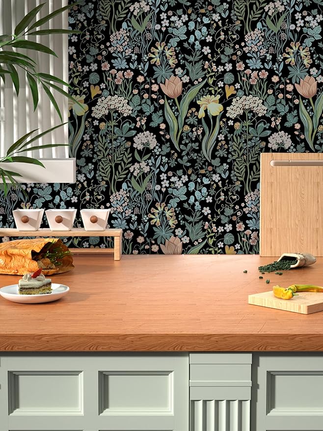 Peel and Stick Wallpaper Vintage Wall Paper Black Floral Contact Paper Removable Wallpaper 17.3