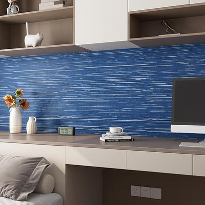 Livelynine Blue Grasscloth Peel and Stick Wallpaper Textured Prepasted Navy Blue Grass Cloth Wall Paper Texture Vinyl Removable Contact Paper Self Adhesive Dark Linen Fabric Wall Covering 15.8x78.8"