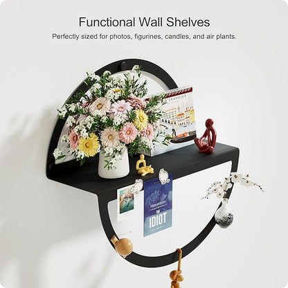Round Floating Shelves for Wall, Modern Circular Mounted Corner Displays in Black Metal for Living Room, Bedroom & Bathroom – Unique Hanging Decor & Storage, Set of 2