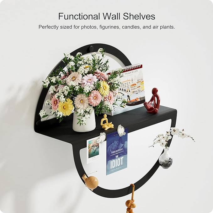 Round Floating Shelves for Wall, Modern Circular Mounted Corner Displays in Black Metal for Living Room, Bedroom & Bathroom – Unique Hanging Decor & Storage, Set of 2