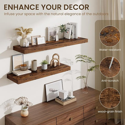 Fun Memories 24 Inch Floating Shelves Wall-Mounted, 12 Inch Deep Wall Shelves, 24 x 12 Floating Shelf, Deep Storage Shelf for Living Room Bathroom Bedroom, Rustic Brown, Set of 2