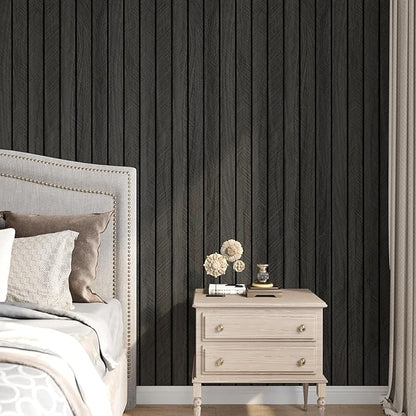 Black Wood Panels for Wall Self Adhesive Wood Slat Wall Panel 11.8"x196" Soundproof Wooden Grain Contact Paper Herringbone Slat Shiplap Wallpaperf for Bedroom Dinner Backsplash Ceiling