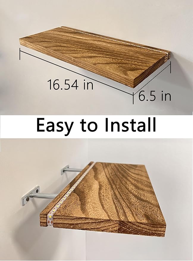 Floating Shelves for Wall Decor Wood Wall Mounted Shelves with LED Lights Set of 2, Sturdy Rustic Wood Shelves Farmhouse Shelf Hanging for Bedroom, Bathroom, Living Room, Kitchen (USB Powered)