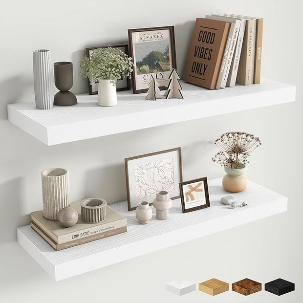Fun Memories Floating Shelves for Wall, 32 Inch Long Floating Shelves Set of 2, 32 x 10 Wooden Shelves for Wall, Large Storage Shelves, Hanging Shelves for Bathroom Kitchen Bedroom, White