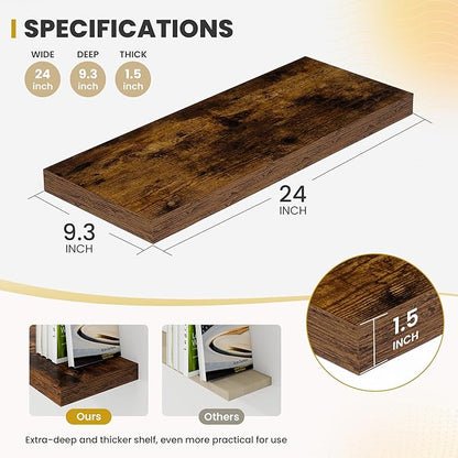 24 Inch Floating Shelves, 9.3" Deep Floating Shelf Wall Mounted, 24" Wall Shelves, Rustic Deep Bookshelf, Large Display Shelves & Storage Shelves for Bedroom, Living Room, Brown, Set of 2