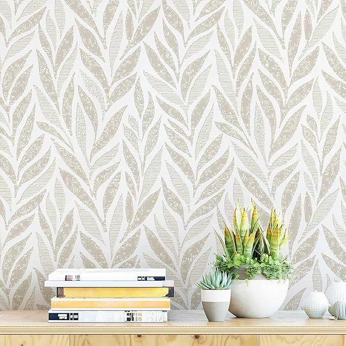 Safiyya 787"x17.3" Boho Peel and Stick Wallpaper Beige and White Wallpaper Leaf Self Adhesive Removable Wall Paper for Bathroom Bedroom Contact Paper for Walls Vinyl Roll