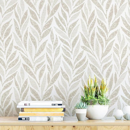 Safiyya 787"x17.3" Boho Peel and Stick Wallpaper Beige and White Wallpaper Leaf Self Adhesive Removable Wall Paper for Bathroom Bedroom Contact Paper for Walls Vinyl Roll