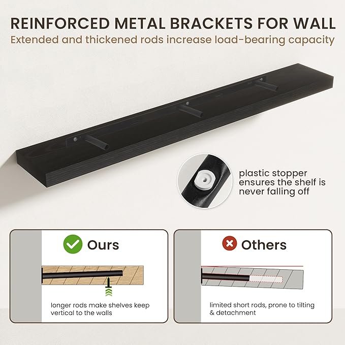 55 Inch Floating Shelves | 6.5 Inch Deep Black Floating Shelves Set of 2 | 55" W x 6.5" D Rustic Black Wood Wall Shelves with Invisible Brackets for Bathroom Living Room Bedroom