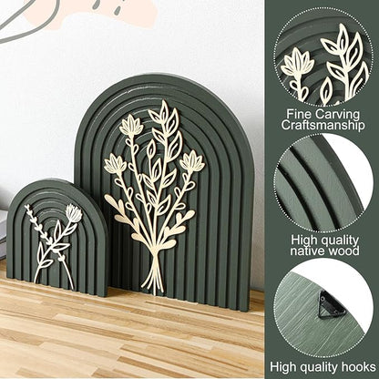 Cinnvoice Set of 2 Wood Rainbow Arches Boho Decor Boho Rainbow Arch Rustic Farmhouse Art for Shelves Farmhouse Wall Decor Floral Mid Century Home Wall Art for Living Room Kitchen Bedroom(Green,Gold)