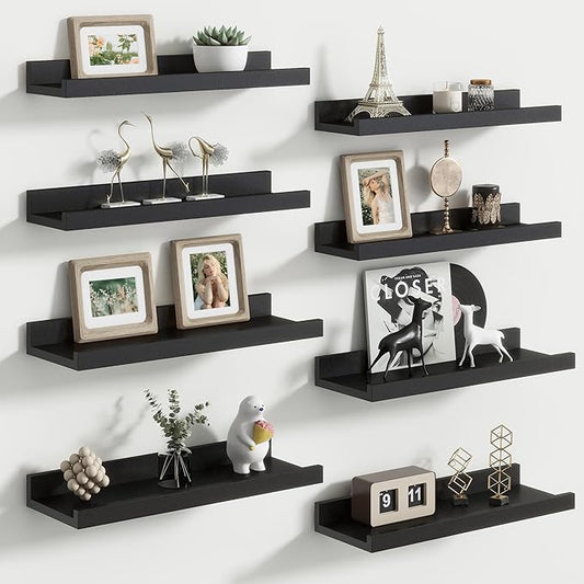 Floating Picture Ledge Shelves Set of 8, 16 Inch Solid Wood Wall Shelves with Lip, Large Nursery Book Shelf for Toys Storage, Kids Bookshelf, Living Room, Bedroom Decor Frames