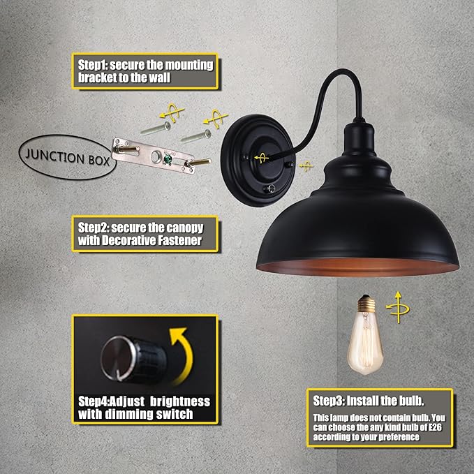 Lightess Black Wall Sconces with Dimmer ON/Off Switch, Dimmable Wall Mount Light Fixture Industrial Farmhouse Lighting for Kitchen Living Room, C91Y112