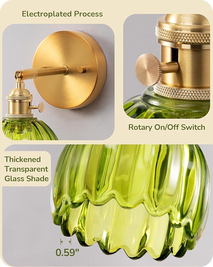 EDISHINE Hardwired Wall Sconces Set of Two, Vintage Wall Lighting Fixture with Green Tulip Glass Lampshade 180 Degree Adjustable, Brass Gold Wall Lamp for Bedroom Living Room Hallway Bathroom