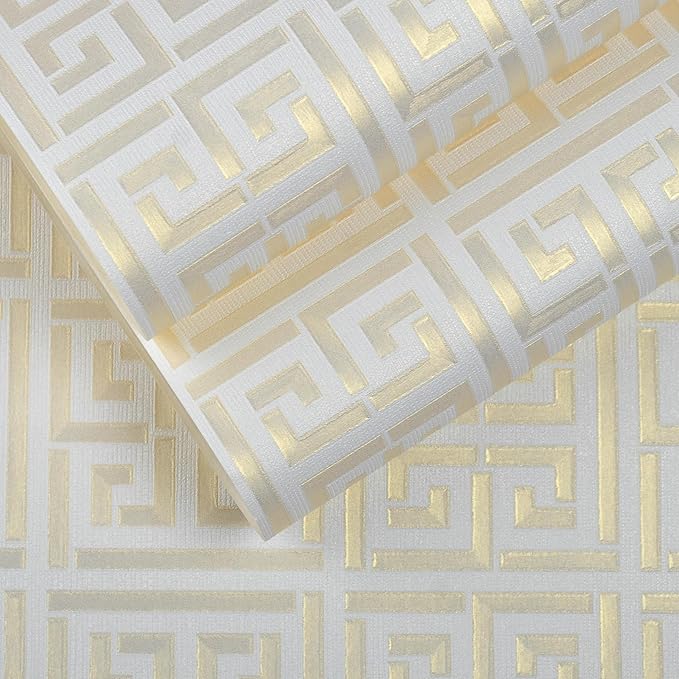 Greek Key Pattern Wallpaper 17.7"x236.0" Textured Metallic Gold on White Peel and Stick Wallpaper Geometric Embossed Self Adhesive Waterproof