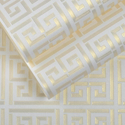 Greek Key Pattern Wallpaper 17.7"x236.0" Textured Metallic Gold on White Peel and Stick Wallpaper Geometric Embossed Self Adhesive Waterproof