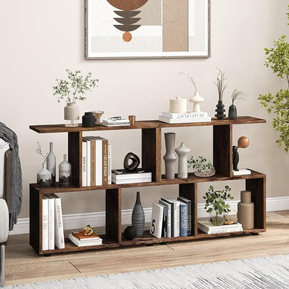 Giantex 3-Tier Geometric Bookshelf Set of 2, 24" Tall Wood S-Shaped Display Shelves with Thick Foot Pads, Freestanding Open Shelves Nightstand, Floor Standing Display Shelf Bookcase, Brown
