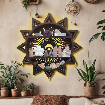 Chakra Lotus Flower Crystal Display Shelf with LED Light, Witchy Home Decor Boho Decorative Wall Mounted Trinket Shelf Wooden Sun Moon Shelf Rock Case Stone Storage Floating Hanging Holder