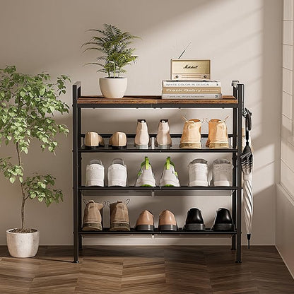 4 Tier Shoe Rack, Shoe Rack for Front Door Entrance with Hook, Shoe Organizer with Adjustable Mesh Shelves, Metal Shoe Rack for Entryway, Closet, Bedroom Living Room Garage