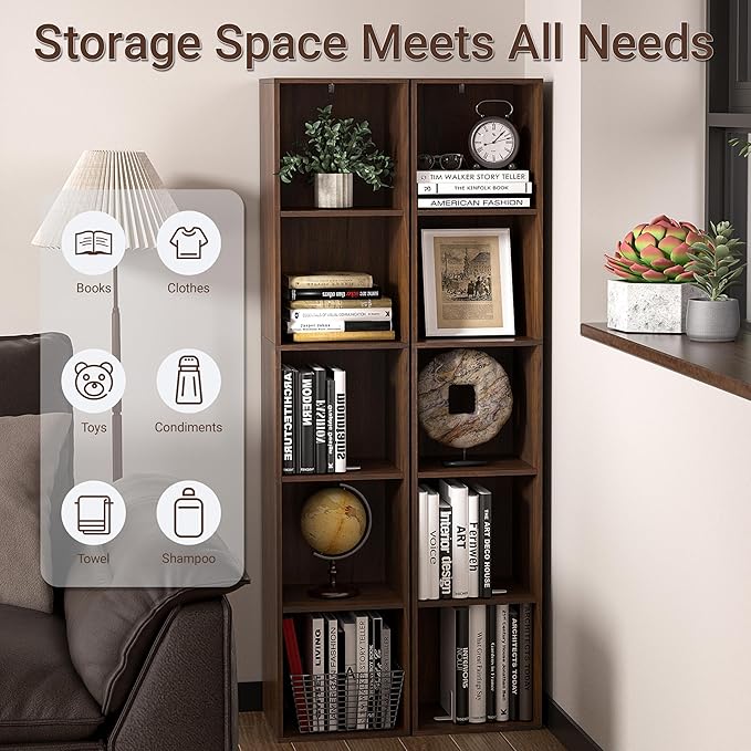 5 Cube Storage Organizer, 5 Tier Cube Low Bookcase Freestanding Storage Display Organizer, Three-Cubes Open Shelf Bookshelf for Home Office (Dark Brown,Black Walnut, 5-Cube)