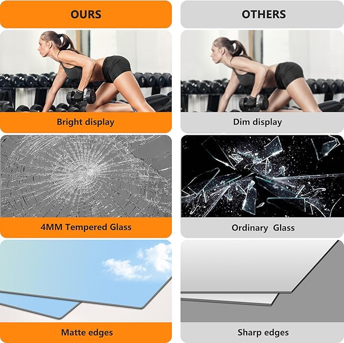 Home Gym Mirror for Wall,50x25x2PCS Full Length,Glass Frameless Body Large Mirror for Home Gym,Workout,Bedroom,Garage(Black)