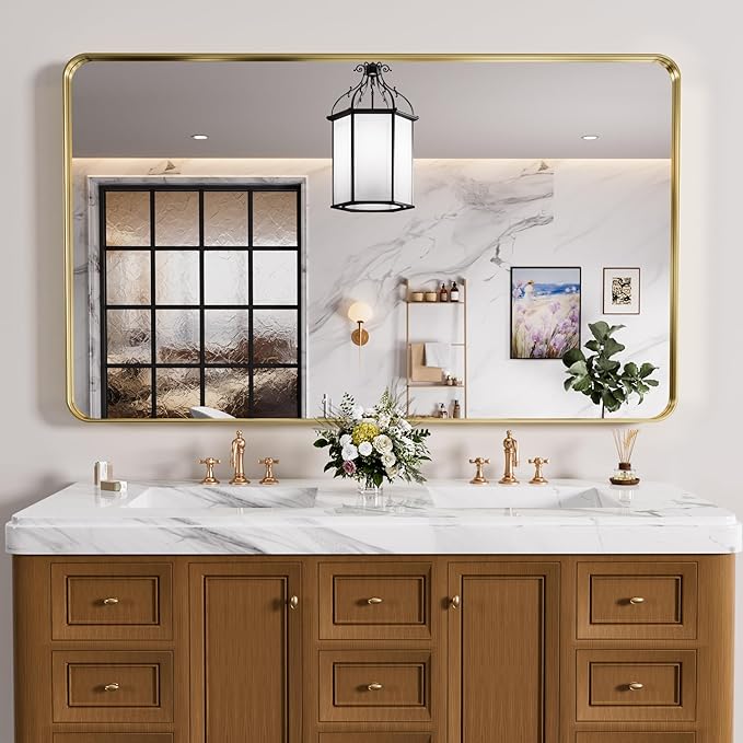 Gold Bathroom Mirror, 60x36 Inch Brushed Gold Metal Frame Mirror for Wall, Rounded Rectangle Bathroom Vanity Mirror, Tempered Glass, Anti-Rust, Horizontal/Vertical