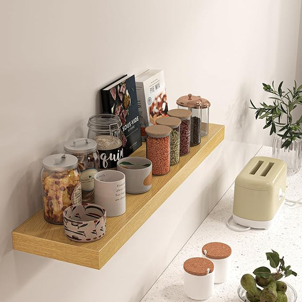 Floating Shelves for Wall, 40" W x 8" D x 1.5" H, Wooden Wall Mounted Display Shelves with Invisible Brackets for Living Room, Bedroom, Bathroom, Kitchen Decor and Storage, Set of 2, Oak
