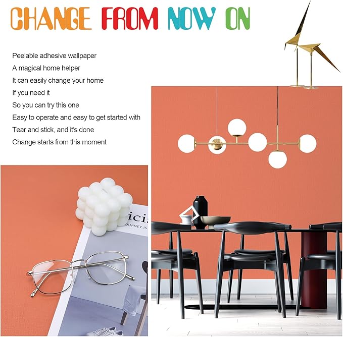 Amiya Orange Peel and Stick Wallpaper Solid Color Textured Contact Paper Pure Orange Self Adhesive Wallpaper Matte Removable Wall Paper Decorative Walls Decal Vinyl Roll A Set of15.7×480