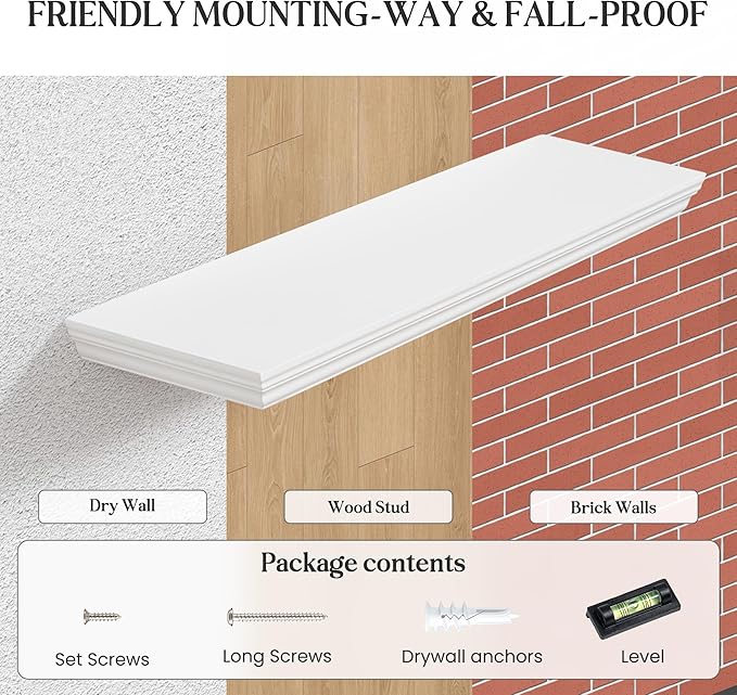 Fun Memories Floating Shelves 24 Inch Long, 9.3 Inch Deep Classic Crown Molding Floating Shelves for Wall, Rustic Wooden Shelves for Wall Decor Bathroom, Kitchen, Office, (White, 2Pack)