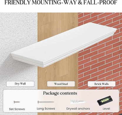 Fun Memories Floating Shelves 36 Inch Long, 9.3 Inch Deep Classic Crown Molding Floating Shelves for Wall, Rustic Wooden Shelves for Wall Decor Bathroom, Kitchen, Office, (White, 2Pack)