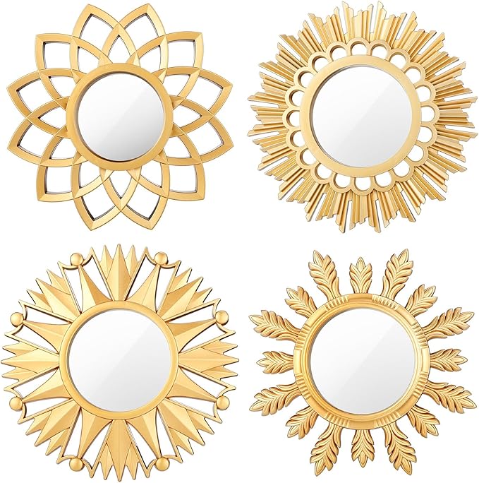 Dandat Set of 4 Gold Mirrors for Wall Decor Small Circle Flowers Mirrors Decorative Silvery Hanging Wall Art Flowers Mirror for Home Living Dinning Room Bedroom Bathroom Boho Art Gifts(Gold)
