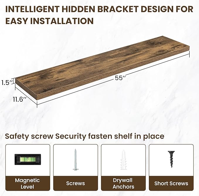 55 Inch Floating Shelves, 12 Inch Deep Floating Shelves for Wall, Floating Shelf with Invisible Brackets, Deep Shelves for Bathroom, Bedroom, Living Room, 1 Pack, Brown