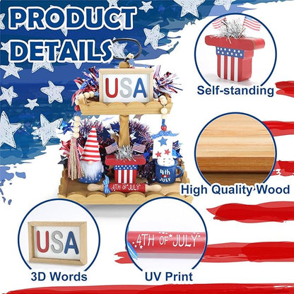 4th of July Decorations, Memorial Day Decorations, Independence Day Patriotic Tiered Tray Decor Set, 6 Pieces Fourth of July Centerpieces for Home Office Table Shelf, Red White and Blue Decorations