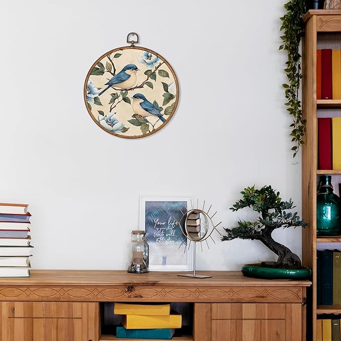 KSDUT Bird Wall Art Decor - Chinoiserie Neutral Mid Century Modern Wall Art Canvas Frame Hanging Prints, Vintage Landscape Round Wall Art Decor for Home Decorations 10