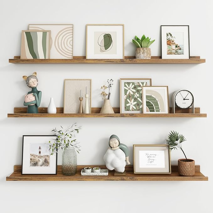 Axeman 48 Inch Floating Shelves | Brown Picture Ledge Shelf Set of 3 | Rustic Brown Wood Wall Shelves with Lip | 48" Picture Shelf for Wall with Ledge | Photo Shelves
