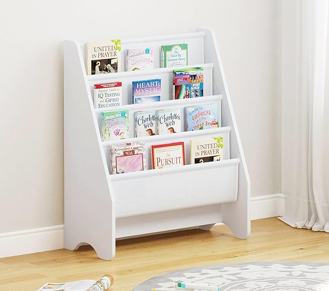UTEX Kids Bookshelf Storage, Book Shelf for Kids Rooms, 4 Tier Sling Bookshelf for Kids, Toddler, Magazine Book Rack, Children Book Organizer, White