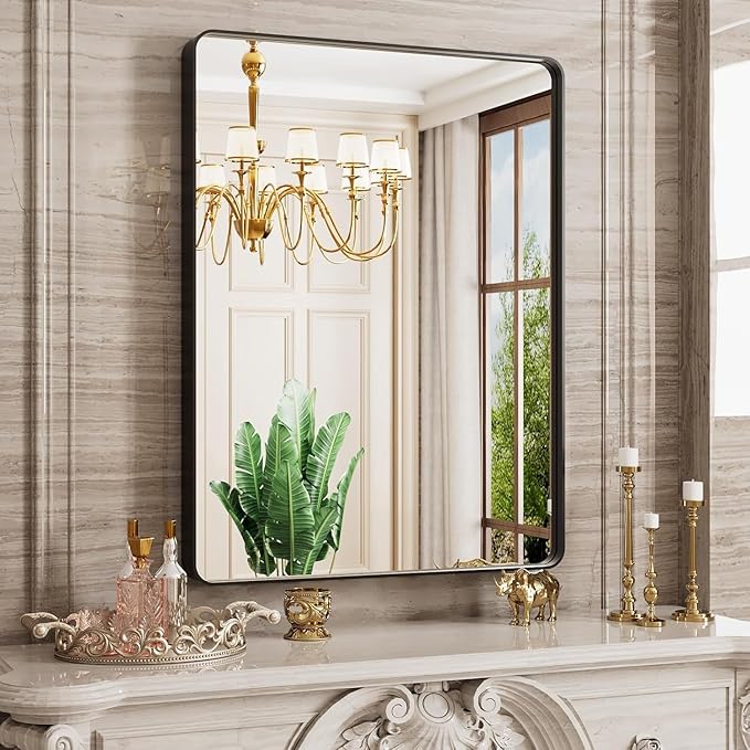Black Bathroom Mirror 30"x 21", Black Metal Framed Mirror for Wall, Rounded Rectangle Matte Bathroom Vanity Mirror with Tempered Glass, Anti-Rust, Horizontal/Vertical