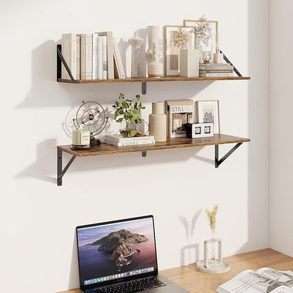 Heimlove Deep Floating Shelves for Wall, 32W x 8D Wood Wall Shelves Set of 2, Wide Floating Bookshelf for Living Room, Kitchen, Office, Bedroom and Decor Storage, with Metal Bracket - Rustic Brown