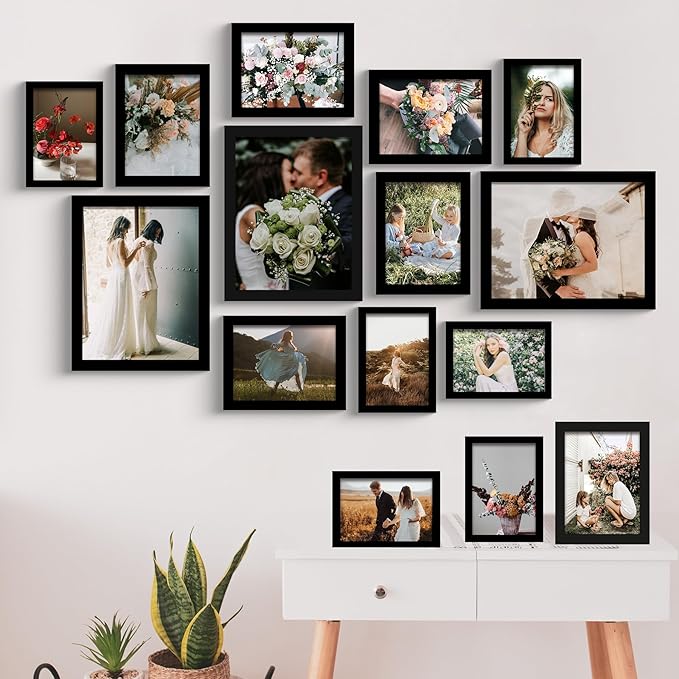 BESCRCL 15 Pack Real Glass Picture Frames Collage Wall Decor, Including 3pcs 8x10, 6pcs 5x7, 6pcs 4x6 Photo Frames for Gallery Wall or Tabletop Display, Black