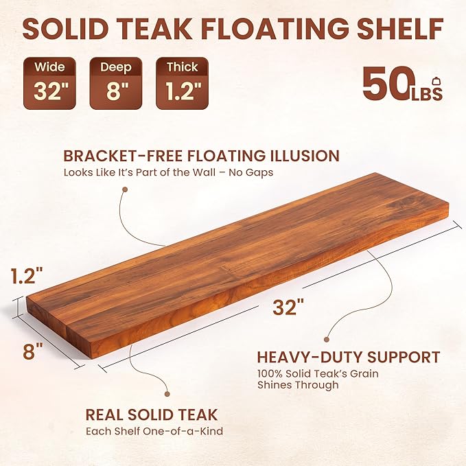 Teak Floating Shelves Set of 2-32 Inch Natural Waterproof Wood Wall Shelves with Invisible Brackets for Bathroom, Kitchen, Balcony - Solid Teak Wood Shelving, Water-Resistant Wall Decor