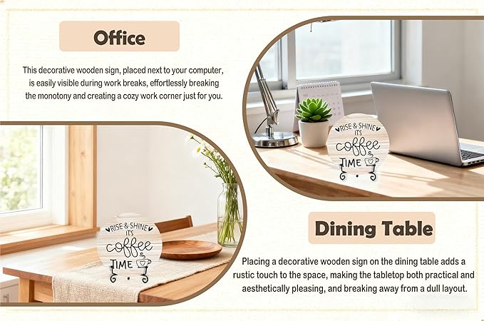 Coffee Desk Decor Sign, Farmhouse Wood Plaque, It Is Coffee Time Wood Sign, Cafe Lover Gifts, Decor For Home Kitchen Table Top, Wooden Round Decorations With Stand-15