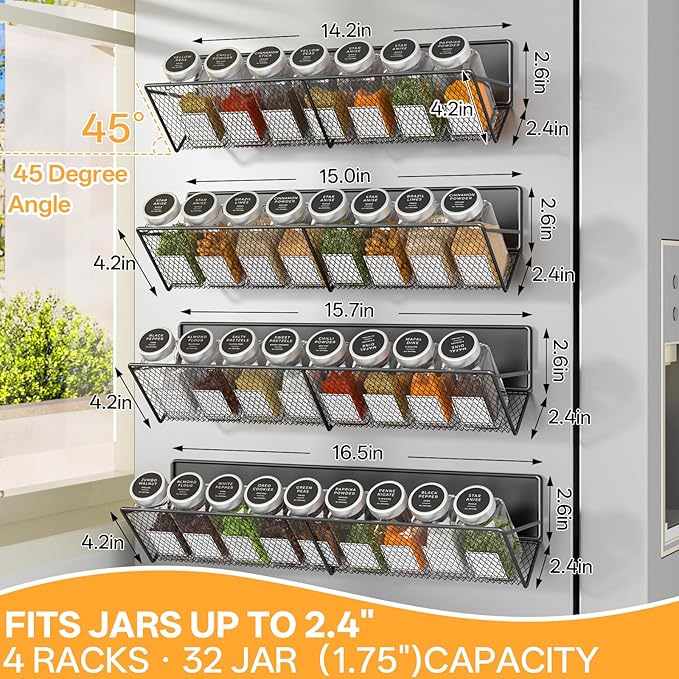 Magnetic Spice Rack for Refrigerator 4 Pack, Extra Long Strong Magnetic Fridge Shelves(14-16.5 inch), Space Saving Spice Organizer 45° Tilt, No Drilling Home Kitchen Laundry Storage Shelves