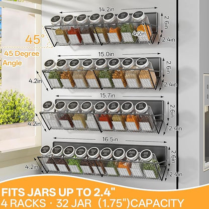 Magnetic Spice Rack for Refrigerator 4 Pack, Extra Long Strong Magnetic Fridge Shelves(14-16.5 inch), Space Saving Spice Organizer 45° Tilt, No Drilling Home Kitchen Laundry Storage Shelves