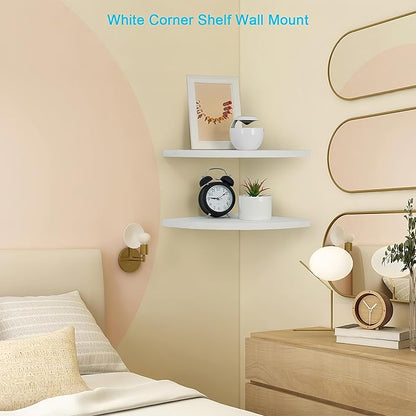 Corner Wall Shelves Set of 2, Rustic Wood Corner Floating Shelves with Cable Raceway, Wall Mount Storage Display for TV Accessories, Baby Monitor (White, Fan-shaped-12 Inch)