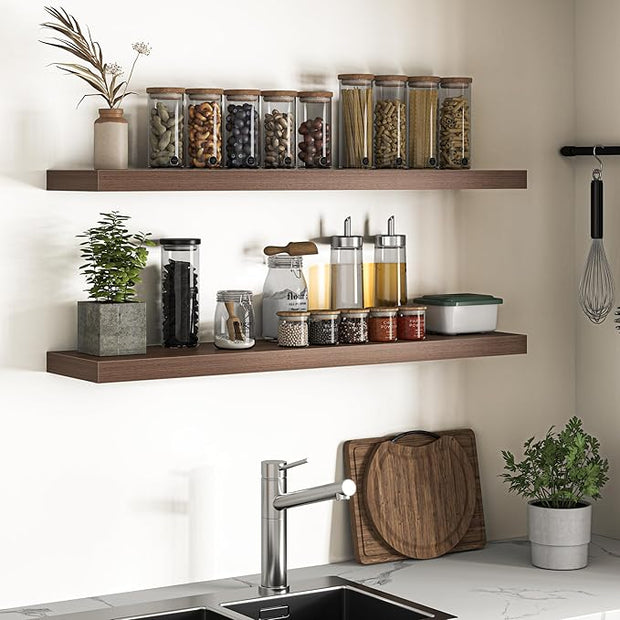 Floating Shelves for Wall, 48"W x 9.3"D x 1.5"H, Long Wooden Wall Mounted Display Shelves with Invisible Brackets for Living Room, Bedroom, Bathroom, Kitchen Decor and Storage, Set of 2, Walnut