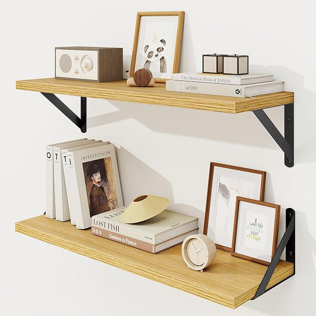 Floating Shelves, 8 Inch Deep Rustic Wood Wall Storage, 24W x 8D Wall Shelves Set of 2, Heavy Duty Metal Brackets, Industrial Book Shelf for Living Room, Kitchen, Bathroom, Bedroom, Oak