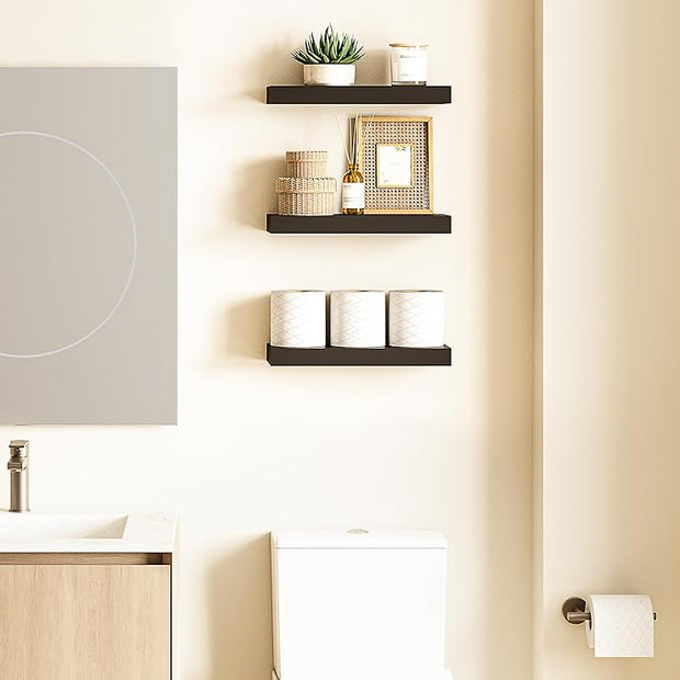 Ballucci Floating Shelves, 16" Wood Wall Shelf Set of 3, Invisible Brackets Floating Shelf for Wall Decor Living Room, Bathroom, Bedroom, Kitchen, 6" Depth, Black